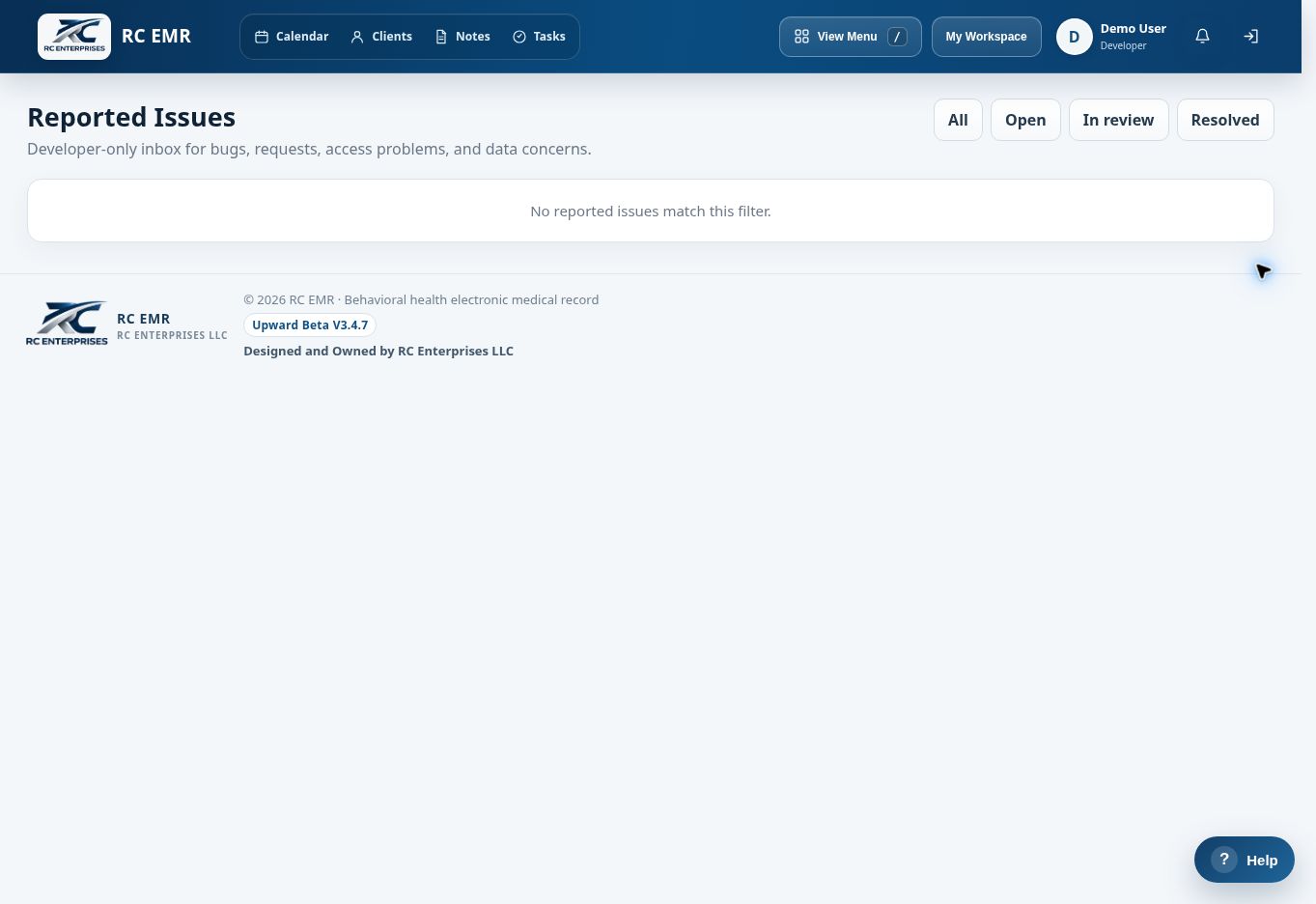 RC EMR Reported Issues interface
