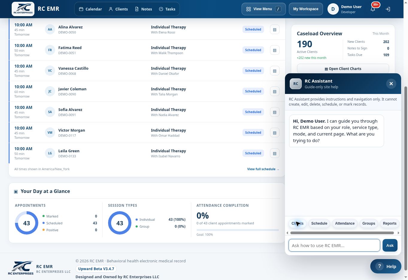 RC EMR RC Assistant Clients interface