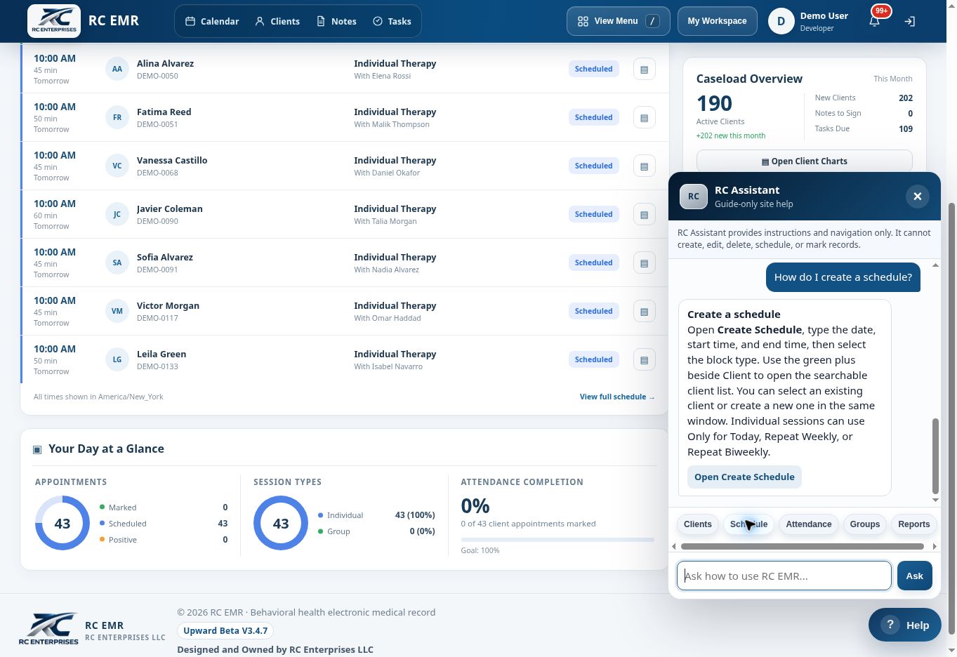 RC EMR RC Assistant Schedule interface