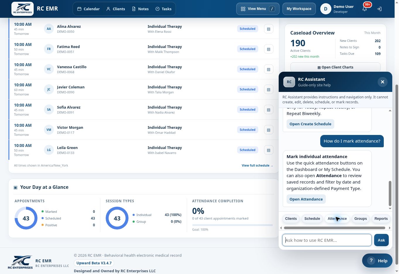 RC EMR RC Assistant Attendance interface