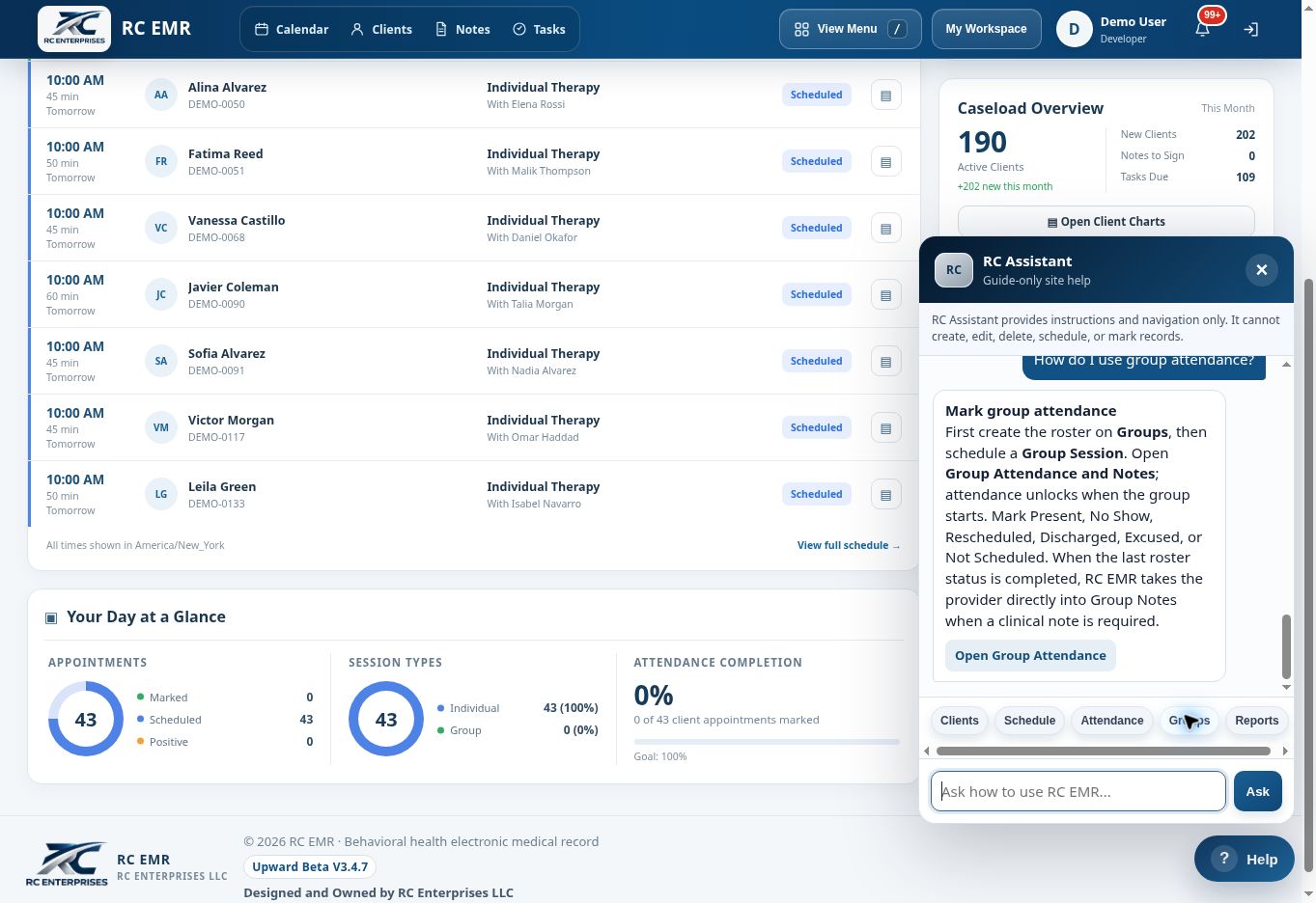 RC EMR RC Assistant Groups interface