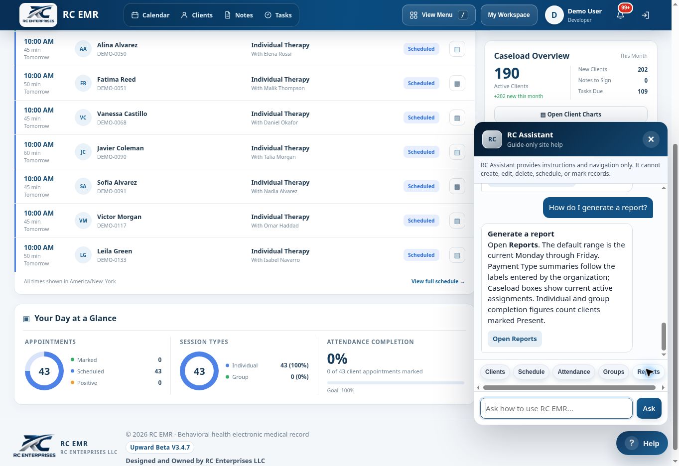 RC EMR RC Assistant Reports interface