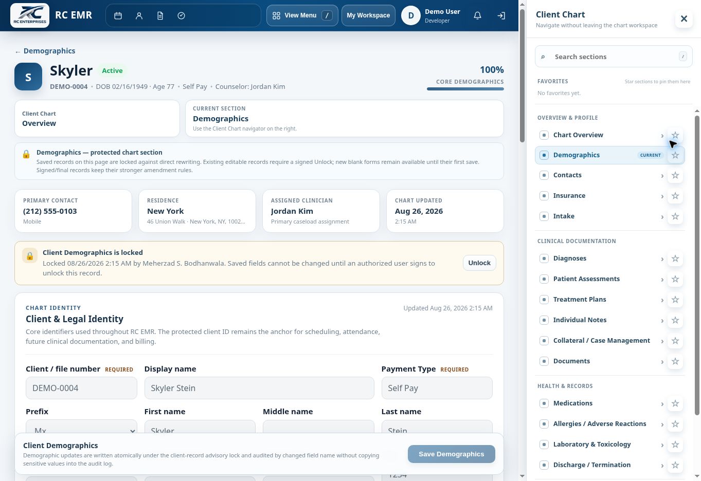 RC EMR Chart Demographics interface