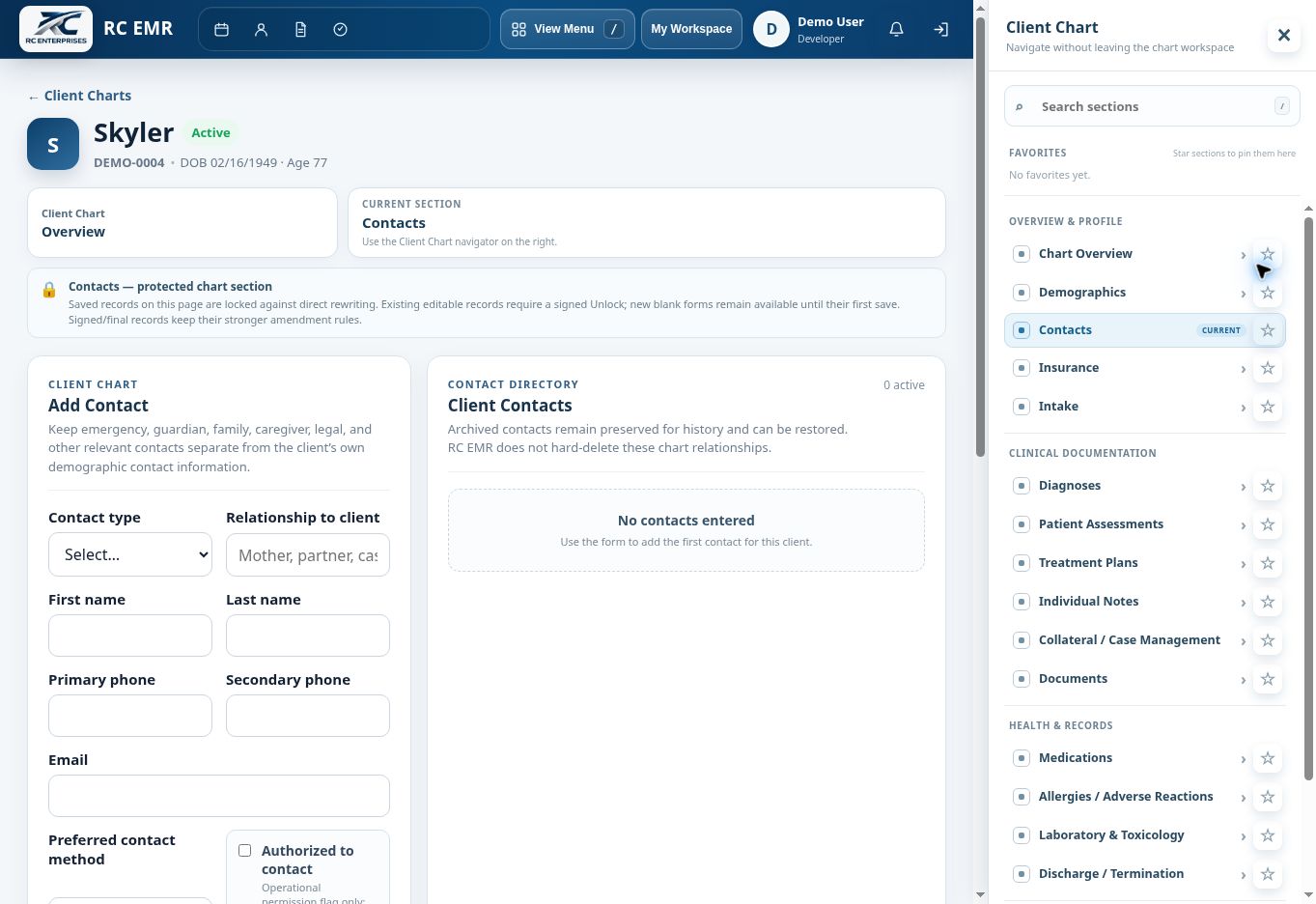 RC EMR Chart Contacts interface