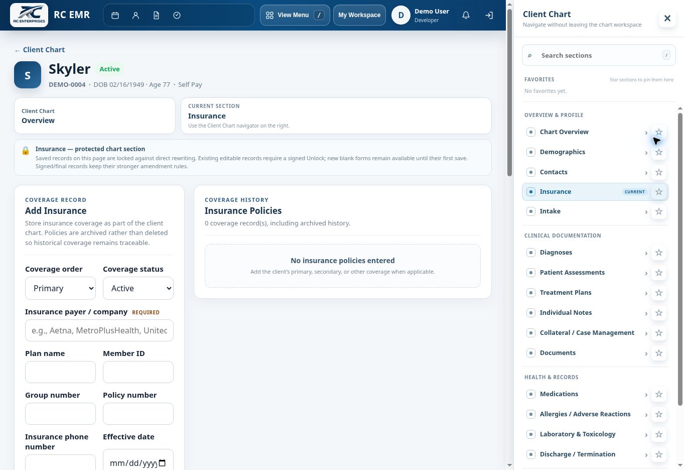 RC EMR Chart Insurance interface