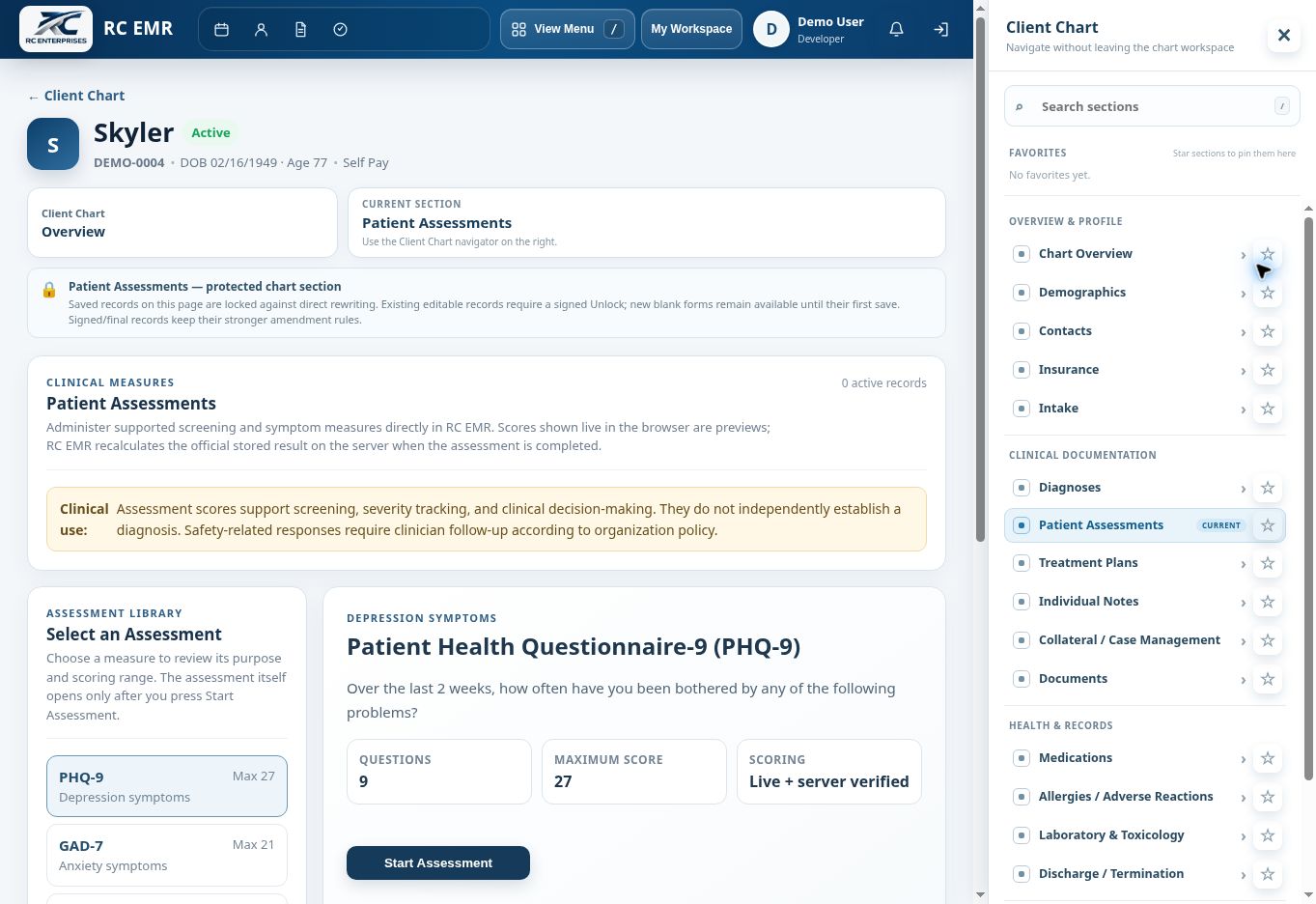 RC EMR Chart Patient Assessments interface