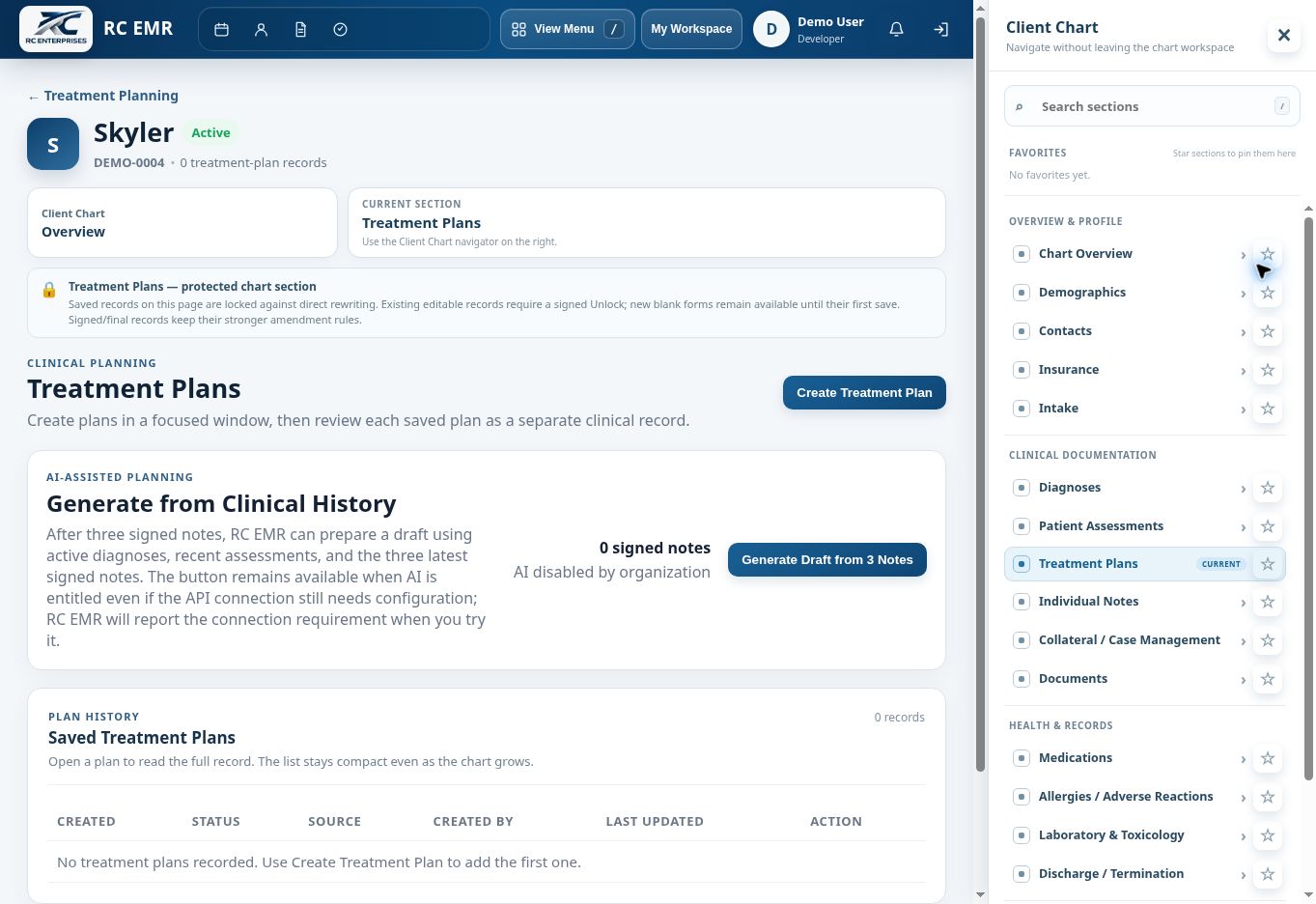 RC EMR Chart Treatment Plans interface