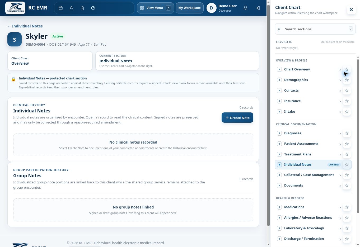 RC EMR individual notes inside the client chart