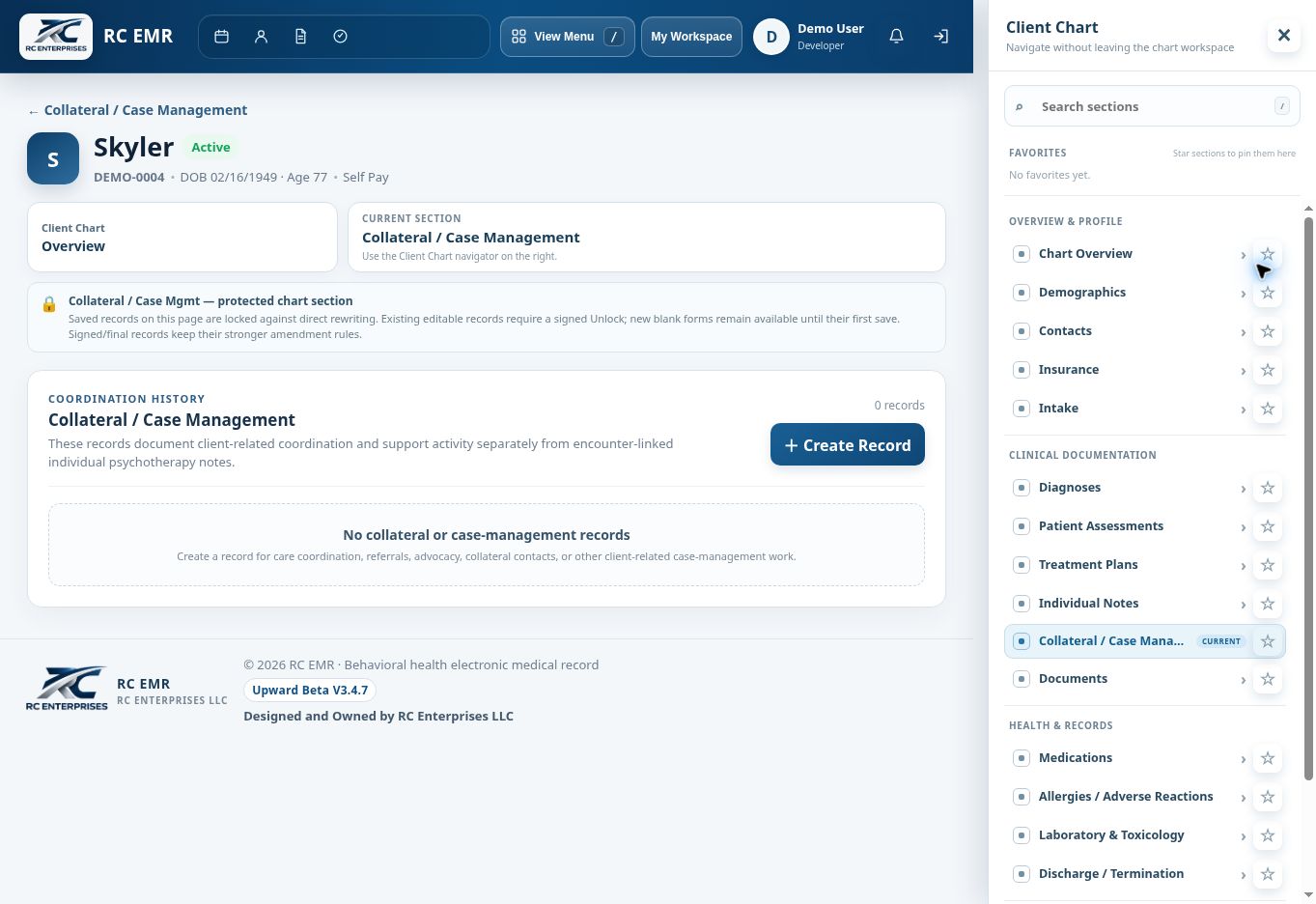 RC EMR Chart Collateral Case Management interface