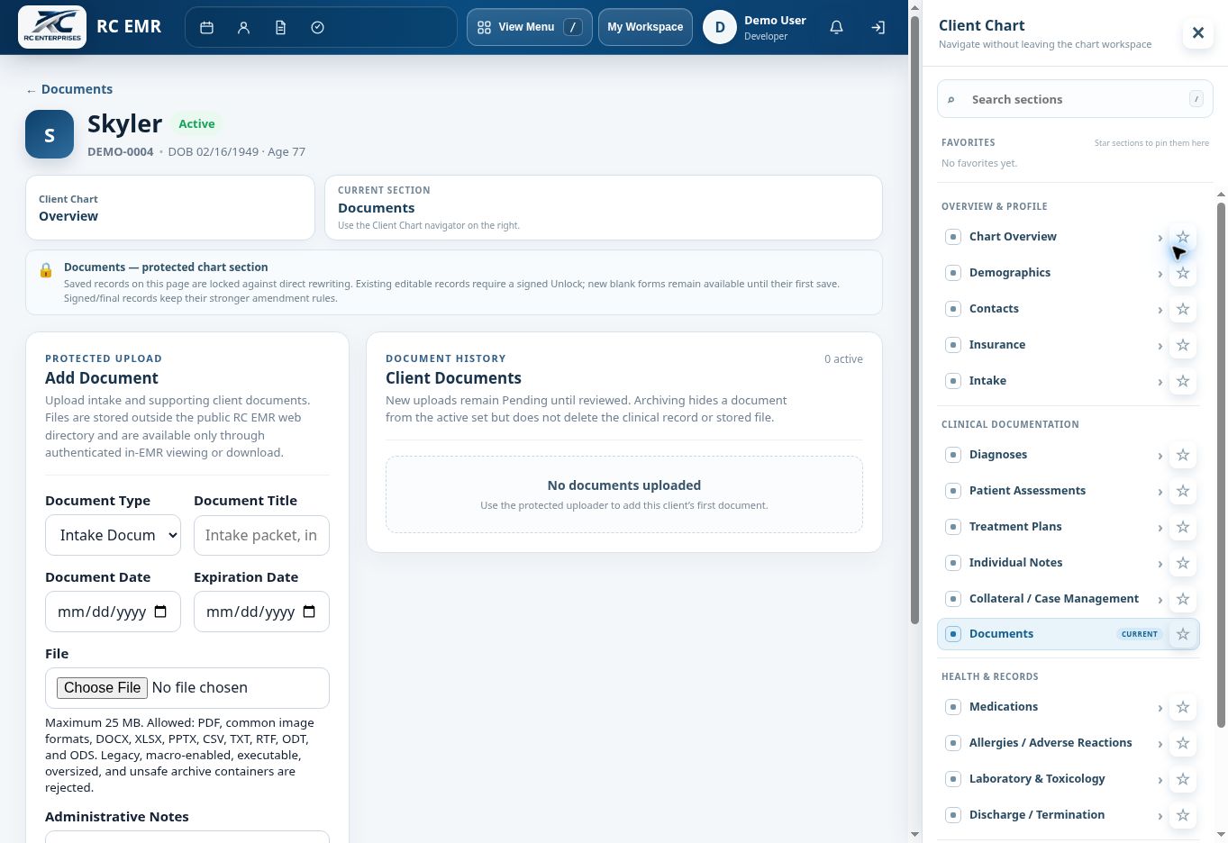 RC EMR Chart Documents interface