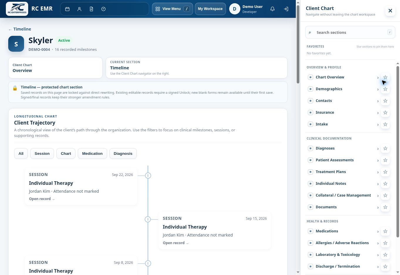 RC EMR Clinical Timeline interface