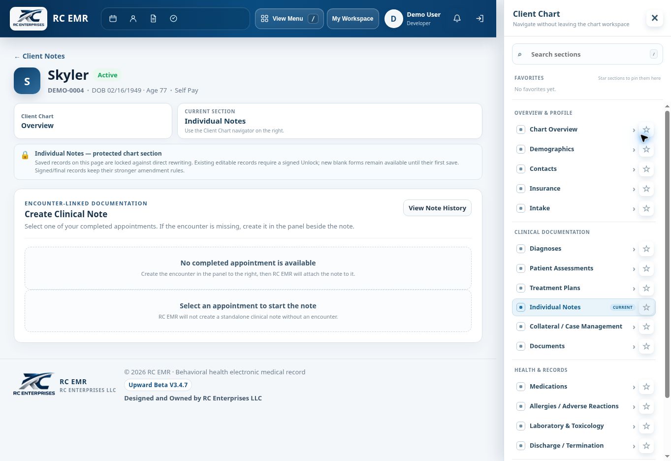 RC EMR Chart New Progress Note interface